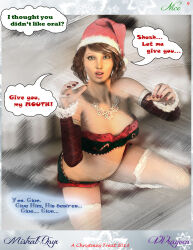 3d absurdres breasts brown_eyes brown_hair christmas comic femsub fishnets hat kneeling lingerie magic maledom mistralonyx necklace open_mouth original poser santa_hat smile text thighhighs underwear vvrayven