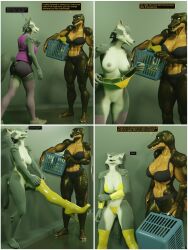 3d aware carmen_(thalarynth) comic crocodile_girl dialogue dressing femsub furry harem harem_outfit high_heels humor large_breasts lizard_girl multiple_subs muscle_girl speech_bubble story thalarynth_(manipper) thigh_boots undressing uniform