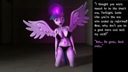  3d bare_legs before_and_after bra caption cuddlycarlos dialogue drool female_only femsub furry glowing glowing_eyes horns horse_girl kneeling magic maledom my_little_pony navel open_mouth panties purple_hair purple_skin solo tail text turning_the_tables twilight_sparkle underwear unicorn_girl wings 