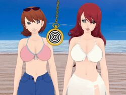  3d animated animated_gif beach bikini_top brown_hair femsub happy_trance koikatsu! lunastra mitsuru_kirijo persona_(series) persona_3 pocket_watch red_hair shorts smile spiralwash_eyes sunglasses yukari_takeba 