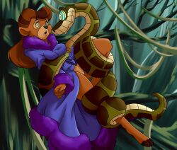 barefoot bear_girl bottomless brown_hair coils disney furry hypnotic_eyes kaa kaa_eyes long_hair maledom non-human_feet open_mouth pussy rebecca_cunningham robe snake spiderweber talespin the_jungle_book western