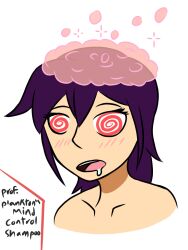 black_hair blush bottomless drool female_only femsub long_hair offlineapril open_mouth original shampoo shower spiral_eyes symbol_in_eyes text topless