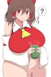  absurdres after_sex after_vaginal artist_request bare_shoulders body_writing bottomless breasts brown_hair female_only femsub huge_breasts indifferent large_hips navel red_eyes reimu_hakurei short_hair simple_background solo thick_thighs touhou unaware white_background 