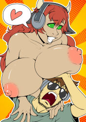 allison_(argonis) apolo_18 breasts cow_girl glasses green_eyes headphones heart horns huge_breasts large_breasts long_hair open_mouth original red_hair smile spiral_eyes supertechno324_(character) symbol_in_eyes tech_control topless