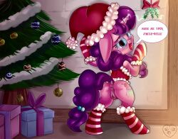 absurdres animals_only anus christmas dialogue drool femsub glowing glowing_eyes hat hooves horns horse long_hair magic mistletoe my_little_pony non-human_feet oddciders open_mouth purple_hair pussy pussy_juice santa_hat socks sugar_belle text tongue tongue_out unicorn