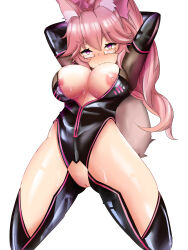  absurdres animal_ears arms_above_head blush bodysuit breasts clothed clothed_exposure cum cum_on_body cum_on_breasts cum_on_face erect_nipples exposed_chest fate/grand_order fate_(series) femsub fox_ears fox_girl fox_tail glasses gloves glowing glowing_eyes koyanskaya kurofx large_breasts leotard long_hair multicolored_eyes nipples opera_gloves pink_hair ponytail pussy simple_background smile spiral_eyes symbol_in_eyes thighhighs tight_clothing white_background 