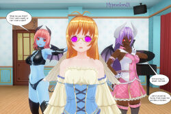 3d angel angel_girl bare_shoulders blue_skin breasts custom_maid_3d_2 dark_skin demon demon_girl dialogue ethel_the_succubus_(hypnolordx) female_only femdom femsub freckles glasses glowing horns hypnolordx large_breasts long_hair magic monster_girl open_mouth original pink_hair purple_hair short_hair smile spiral_eyes standing standing_at_attention succubus symbol_in_eyes text wings