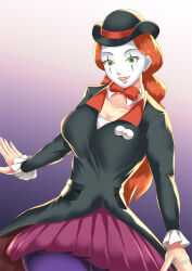 breasts cleavage clown corruption empty_eyes gradient_background green_eyes hadant happy_trance hat large_breasts lipstick long_hair looking_at_viewer makeup mime orange_hair sam shrunken_irises signature simple_background skirt totally_spies