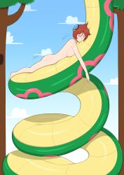  absurdres ariadoa bottomless breasts brown_hair cautious_hero closed_eyes coil_slide coils creeperwisp female_only femdom femsub hair_ornament hannah_(violet_scales) large_breasts naga_girl nude open_mouth original short_hair smile snake_girl topless 