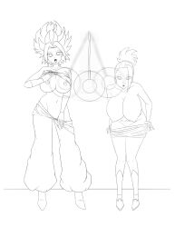 absurdres breasts caulifla dragon_ball empty_eyes female_only femsub greyscale huge_breasts kale large_breasts multiple_girls multiple_subs navel neo-izayoi open_mouth pendulum topless undressing
