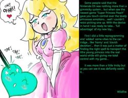  blonde_hair breasts caption dialogue female_only femsub gloves glowing glowing_eyes large_breasts manip nintendo opera_gloves princess princess_peach sex_toy super_mario_bros. text vibrator wildfire_(manipper) 
