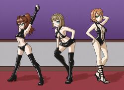  blue_eyes brown_hair chloe_(unicorn_overlord) corruption empty_eyes female_only femsub fran_(unicorn_overlord) green_eyes latex mythkaz nina_(unicorn_overlord) tagme unicorn_overlord 