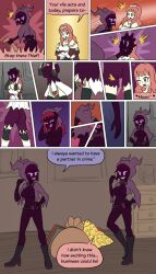  belt boots cameltoe celica_(fire_emblem) cleavage comic dialogue female_only femdom femsub fire_emblem fire_emblem_echoes glowing_eyes high_heels hood latex long_hair mage_bandit_(daehypeels) mask mythkaz nintendo orange_hair original tagme text tight_clothing twinning 