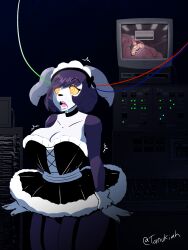 ayuko_(jcroth) bare_shoulders bow brain choker collarbone drool female_only femsub furry garter_straps glowing_eyes horns huge_breasts indeedee maid maid_headdress microchip nintendo open_mouth original panties pokemon pokemon_(creature) purple_hair purple_skin short_hair solo spiral_eyes surprised tanukiah tech_control thick_thighs tongue tv white_skin wires yellow_sclera