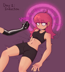 ahoge choker confused drool eyebrows_visible_through_hair female_only femsub finger_snap gloves hypnovember latex legs long_hair lying midriff navel open_mouth original red_eyes red_hair shorts sports_bra underwear virtualgirlthing