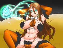 breasts brown_hair character_request expressionless femsub hypnotic_orb large_breasts long_hair magic micro_bikini orb ring_eyes sex_toy spiral_eyes sweat symbol_in_eyes thighhighs vibrator