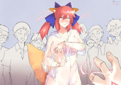 animal_ears blue_background blush cell_phone character_request clothed clothed_exposure collarbone convenient_censoring covering electricity exhibitionism eyebrows_visible_through_hair fox_ears fox_girl fox_tail gojulas hair_ribbon hoodie humiliation hypnotic_hands hypnovember large_breasts long_hair looking_at_viewer outdoors red_hair see-through shirt short_hair shrunken_irises smile sweater t-shirt tail tie twintails yellow_eyes