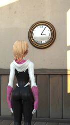  3d animated ass clock confused femsub gwen_stacy happy_trance marvel_comics saltygauntlet sound spider-gwen spider-man_(series) super_hero tick-tock_saying unaware video voice_acted 