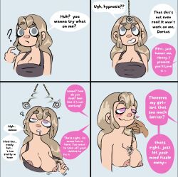 blush breasts comic drool erect_nipples femsub happy_trance heavy_eyelids mesmir original pendulum smile spiral_eyes topless undressing