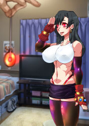 belu133 breasts coin erect_nipples female_only femsub final_fantasy final_fantasy_vii glowing glowing_eyes happy_trance large_breasts midriff pendulum saluting solo standing standing_at_attention thighhighs tifa_lockhart