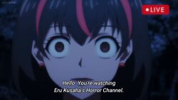  animated black_hair blood body_control dara-san_of_the_reiwa_era earrings empty_eyes femsub human_puppet livestream nightmare_fuel official open_mouth screenshot shrunken_irises sound subtitled text undead_girl video zombie 