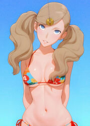 ann_takamaki bikini blonde_hair blue_eyes cleavage collarbone earrings empty_eyes femsub happy_trance ivatent pendulum persona_(series) persona_5 smile twintails