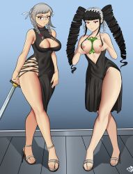  black_hair celestia_ludenberg cleavage dangan_ronpa dangan_ronpa_trigger_happy_havoc dress drill_hair femsub glasses happy_trance long_hair nipples peko_pekoyama red_eyes super_dangan_ronpa_2 sword tagme the_iron_mountain white_hair 