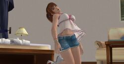 3d bare_shoulders breasts brown_hair dead_or_alive hitomihypnoguy jean_shorts kasumi_(dead_or_alive) kneeling large_breasts shoes