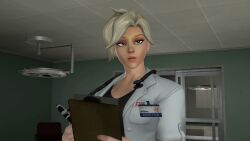  3d animated animated_gif blonde_hair breasts clothed dazed doctor eh expressionless female_only femsub glowing glowing_eyes large_breasts mercy open_mouth orange_eyes overwatch short_hair source_filmmaker text 