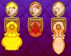  blonde_hair bondage brown_hair crown display earrings female_only femsub hair_covering_one_eye happy_trance human_furniture lipstick long_hair maggotmike nintendo pink_lipstick princess_daisy princess_peach princess_rosalina red_hair short_hair sign signature smile super_mario_bros. text 