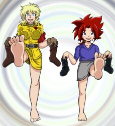 bakuten_shoot_beyblade barefoot beyblade_(series) blonde_hair blue_eyes boots breasts empty_eyes feet female_only femsub foot_focus grey_eyes happy_trance hellsing holding_shoes large_breasts long_hair military_uniform open_mouth p.chronos red_hair salima_(beyblade) seras_victoria shirt shrunken_irises skirt small_breasts smile standing