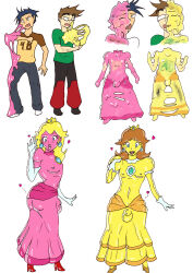 absorption ass_expansion before_and_after blonde_hair blue_hair brown_hair bulge crossdressing crown diggerman diggerman_(diggerman) dress earrings fuze_(lordebonfuze) glasses jewelry latex male_only malesub nintendo original pants pink_skin princess princess_daisy princess_peach super_mario_bros. symbiote transformation white_background yellow_skin
