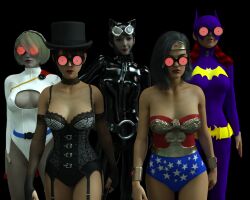 batgirl belt black_background black_hair blonde_hair bodysuit bracers cape catwoman cleavage cleavage_cutout corset dc_comics expressionless female_only femdom femsub garter_belt garter_straps glasses gloves hat headband hypnovideotoo leotard lingerie lipstick long_hair multiple_girls multiple_subs nail_polish pink_lipstick power_girl red_hair red_lipstick rubber short_hair simple_background standing standing_at_attention super_hero wonder_woman zatanna_zatara