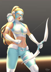 artemis batman_(series) blonde_hair blue_eyes blush bow breasts card dc_comics drool empty_eyes femsub gradient_background hadant hypnotic_accessory large_breasts lipstick long_hair mad_hatter makeup midriff navel ponytail signature simple_background solo super_hero weapon western young_justice