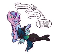  animals_only anus dialogue drool femdom femsub green_eyes magician-horse multicolored_hair my_little_pony pegasus pussy queen_chrysalis queen_haven speech_bubble sweat text yuri zoom_zephyrwing 