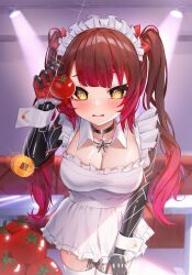  apron bangs blush breasts brown_hair bu_leike choker cleavage coin cuffs female_only femsub food frills hololive large_breasts leaning_forward looking_at_viewer maid maid_headdress mechanical_arm multicolored_hair naked_apron open_mouth pendulum red_hair roboco solo spiral_eyes straight-cut_bangs symbol_in_eyes tears thighhighs twintails unhappy_trance virtual_youtuber yellow_eyes 