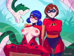 blue_hair brown_hair chair disney elastigirl exposed_chest futanari happy_trance kaa kaa_eyes large_breasts multiple_girls multiple_subs rind_rin00 signature smile super_hero tagme