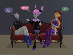 dialogue femdom femsub grey_skin happy_trance happysack jinx latex latinkaixa long_hair pink_hair purple_hair raven red_hair short_hair starfire teen_titans text