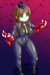 bangs bodysuit boots breasts brown_hair capcom complex_background cosplay erect_nipples erect_nipples_under_clothes expressionless fingerless_gloves gloves gradient_background green_eyes hair_ornament hat high_heels large_breasts latex leotard long_hair monvasa rubber shadaloo_dolls shoulder_pads sophia_esteed star_ocean star_ocean_till_the_end_of_time street_fighter tie unhappy_trance