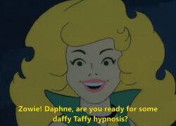  animated animated_gif blonde_hair captain_caveman_&amp;_the_teen_angels daphne_blake dialogue female_only femdom femsub happy_trance hypnotic_eyes long_hair manip red_hair scooby-doo_(series) sleep_command spiral_eyes symbol_in_eyes taffy_dare text western 
