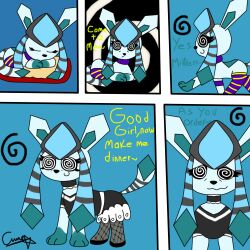  all_fours animals_only comic female_only femdom femsub fishnets glaceon happy_trance maid nintendo pokemon pokemon_(creature) shyker simple_background smile solo soropin spiral spiral_eyes symbol_in_eyes text 