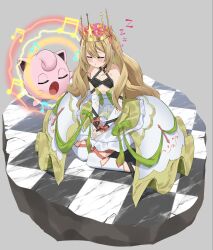  androgynous_dom bare_shoulders blonde_hair blush breasts celine_(fire_emblem) cleavage closed_eyes clothed crossover crown dress femsub fire_emblem fire_emblem_engage flower flower_in_hair grey_background hair_ornament hypnotic_music jigglypuff music nintendo open_mouth oppaihobby pokemon pokemon_(creature) pokemon_red_green_blue_and_yellow royalty simple_background singing sitting sleeping very_long_hair 