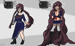 before_and_after bimbofication brain_drain breast_expansion breasts brown_hair cleavage clothed coupytf dangan_ronpa drool erect_nipples female_only femsub glasses hair_growth happy_trance hypnotic_screen large_breasts school_uniform sequence solo thighhighs touko_fukawa transformation