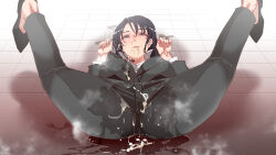  altered_common_sense ass black_hair breasts cum cum_in_mouth cum_on_clothes earpiece expressionless female_only femsub golden_shower grey_eyes headphones high_heels huge_breasts indifference_pool long_hair nyuu_(manekin-eko) open_mouth solo urination 