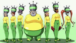 ben_10 blonde_hair bodysuit char;frightwig dlobo777 expressionless female_only femsub glowing_eyes green_eyes grey_hair helmet hypnotic_accessory jimmy_neutron_(series) looma_red_wind ma_vreedle, natalie_tennyson open_mouth orange_hair red_hair rojo sandra_tennyson standing_at_attention tech_control uniform verdona yolkian