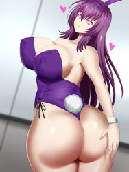  ass ass_focus ass_grab breasts bunny_ears bunny_girl bunnysuit cleavage cuffs fake_animal_ears fate/grand_order fate_(series) female_only femsub glowing glowing_eyes happy_trance huge_ass huge_breasts large_breasts large_hips long_hair looking_at_viewer looking_back manip misterman4_(manipper) purple_hair scathach_(fate/grand_order) smile solo spiral_eyes symbol_in_eyes thick_thighs tokuchukancoll 