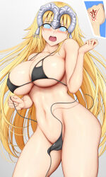  bikini_bottom bikini_top blonde_hair blush breasts clam cleavage fate/apocrypha fate/grand_order fate_(series) female_only femsub glowing glowing_eyes huge_breasts jeanne_d&#039;arc_(fate) large_hips long_hair looking_at_viewer manip misterman4_(manipper) open_mouth spiral_eyes swimsuit symbol_in_eyes tagme undressing unhappy_trance 