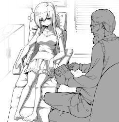 absurdres barefoot blush breasts dazed empty_eyes etlabsotwe expressionless femsub greyscale long_hair maledom open_mouth original simple_background skirt therapist