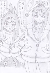 banshou blush clothed_sex femsub greyscale hair_ornament hoodie japanese_text lida_(pokemon) long_hair monochrome nintendo open_mouth pendulum pokemon pokemon_legends_z-a ponytail sex surprised sweat text traditional translation_request vaginal