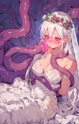 ai_art arms_behind_back bangs bare_shoulders blush bondage breasts confused curvy female_only femsub flower flower_crown flower_in_hair hypnotic_tentacle izayoitsuki_(generator) lace long_hair red_eyes restrained sitting spiral_eyes sweat tentacles very_long_hair wedding_dress white_hair